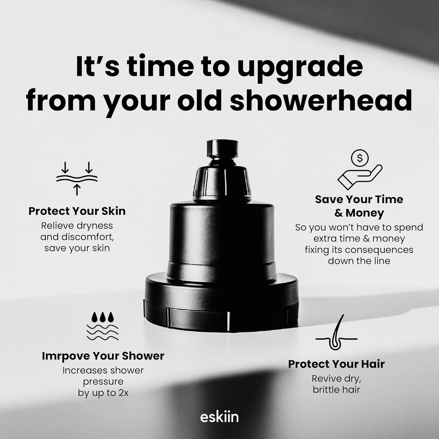 Cabezal de Ducha Filtrado Eskiin - Alta Presión, Agua Dura, Negro