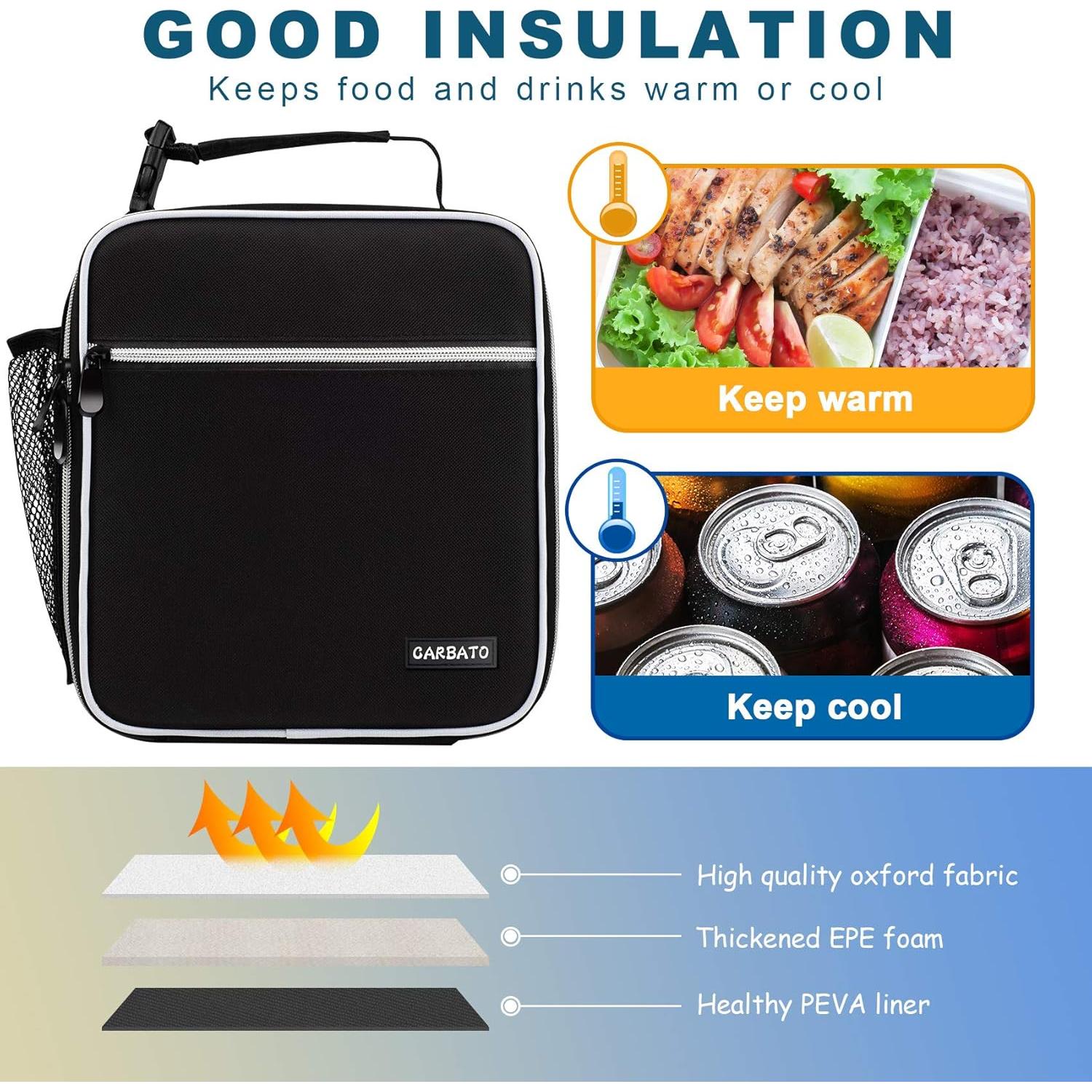 Bolsa de Almuerzo Térmica Reutilizable CARBATO Negra 22x11x26cm