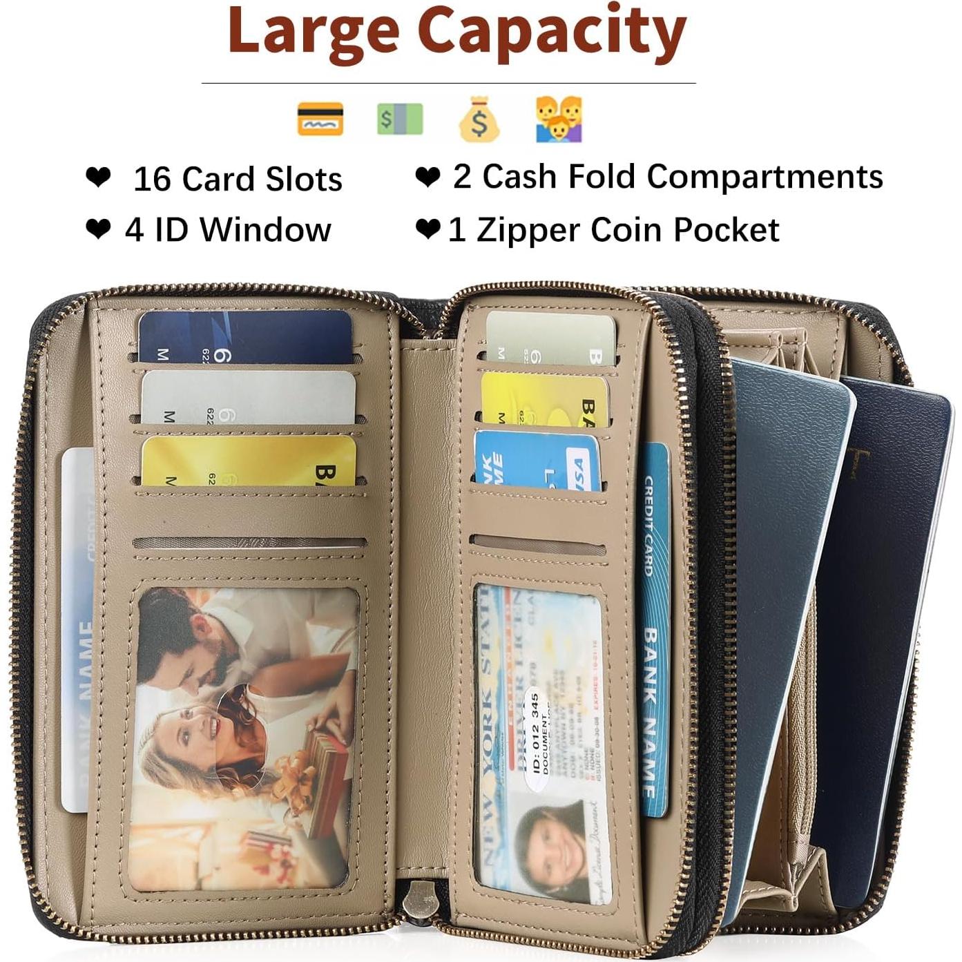 Cartera de Mujer GOIACII Doble Cierre RFID Cuero Negro 15.5x10cm