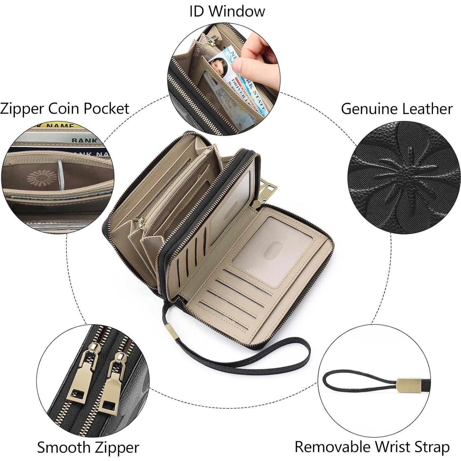 Cartera de Mujer GOIACII Doble Cierre RFID Cuero Negro 15.5x10cm