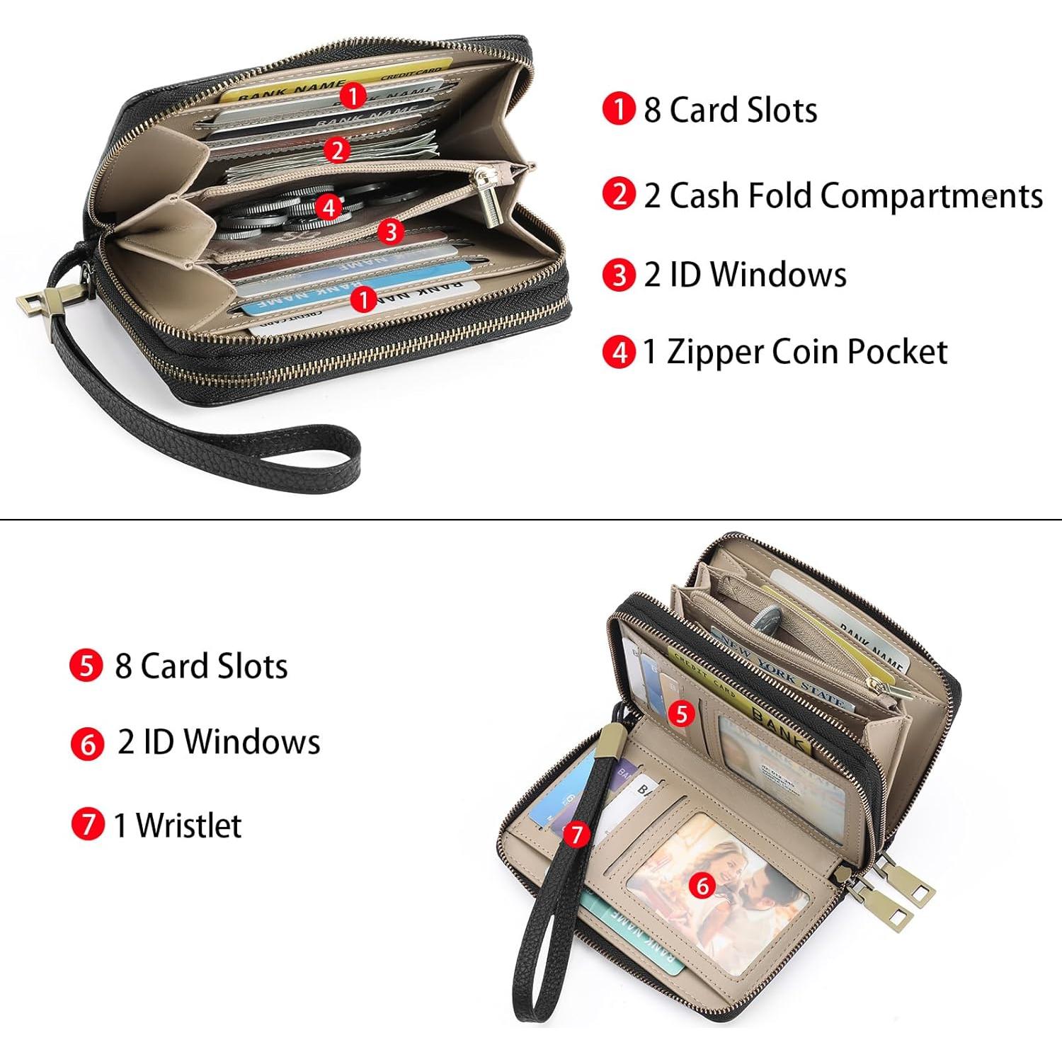 Cartera de Mujer GOIACII Doble Cierre RFID Cuero Negro 15.5x10cm