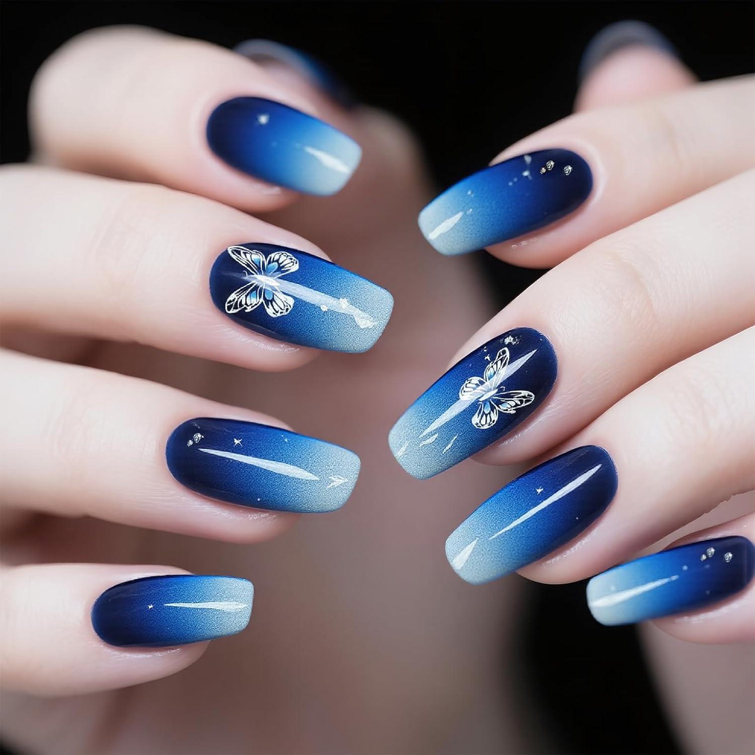 Uñas Postizas Gradiente Azul NGMATY 24Pcs con Mariposas