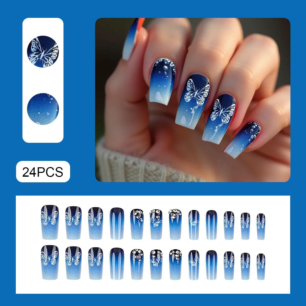 Uñas Postizas Gradiente Azul NGMATY 24Pcs con Mariposas