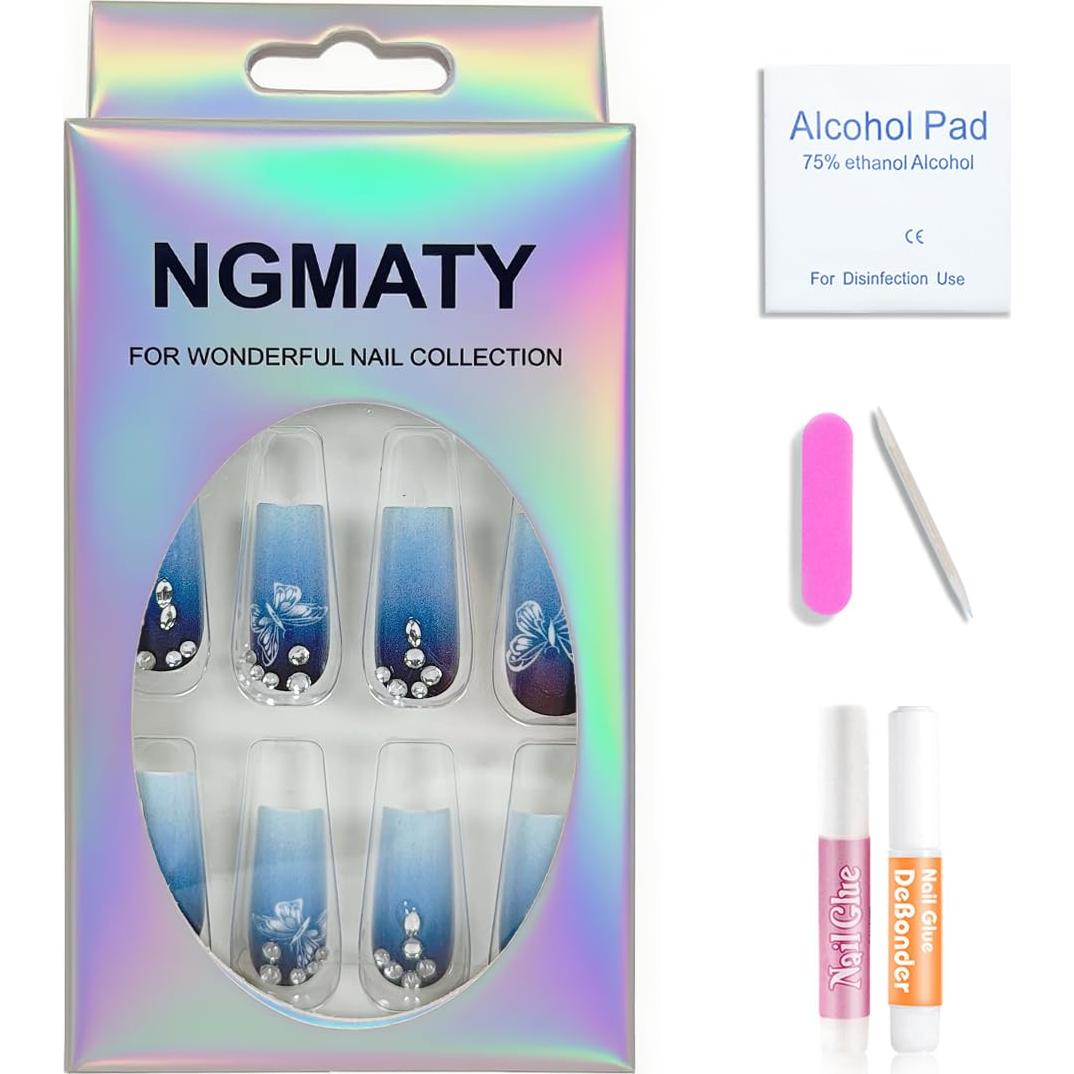 Uñas Postizas Gradiente Azul NGMATY 24Pcs con Mariposas