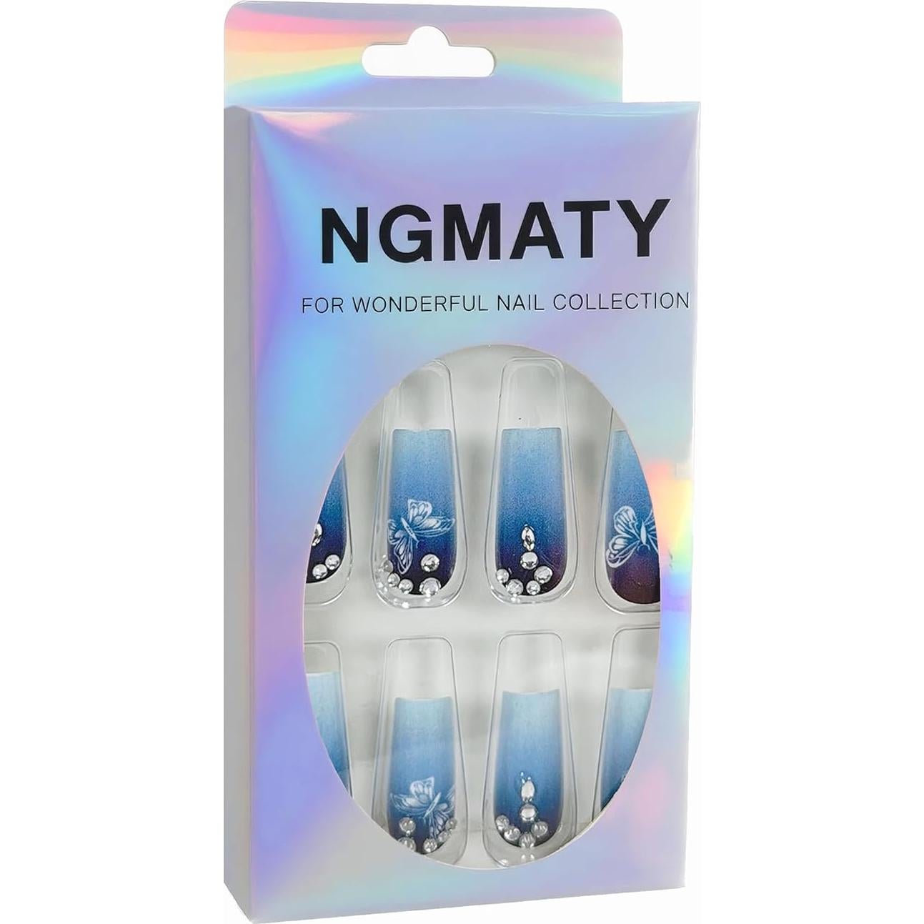 Uñas Postizas Gradiente Azul NGMATY 24Pcs con Mariposas