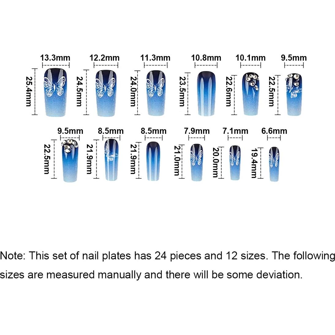 Uñas Postizas Gradiente Azul NGMATY 24Pcs con Mariposas