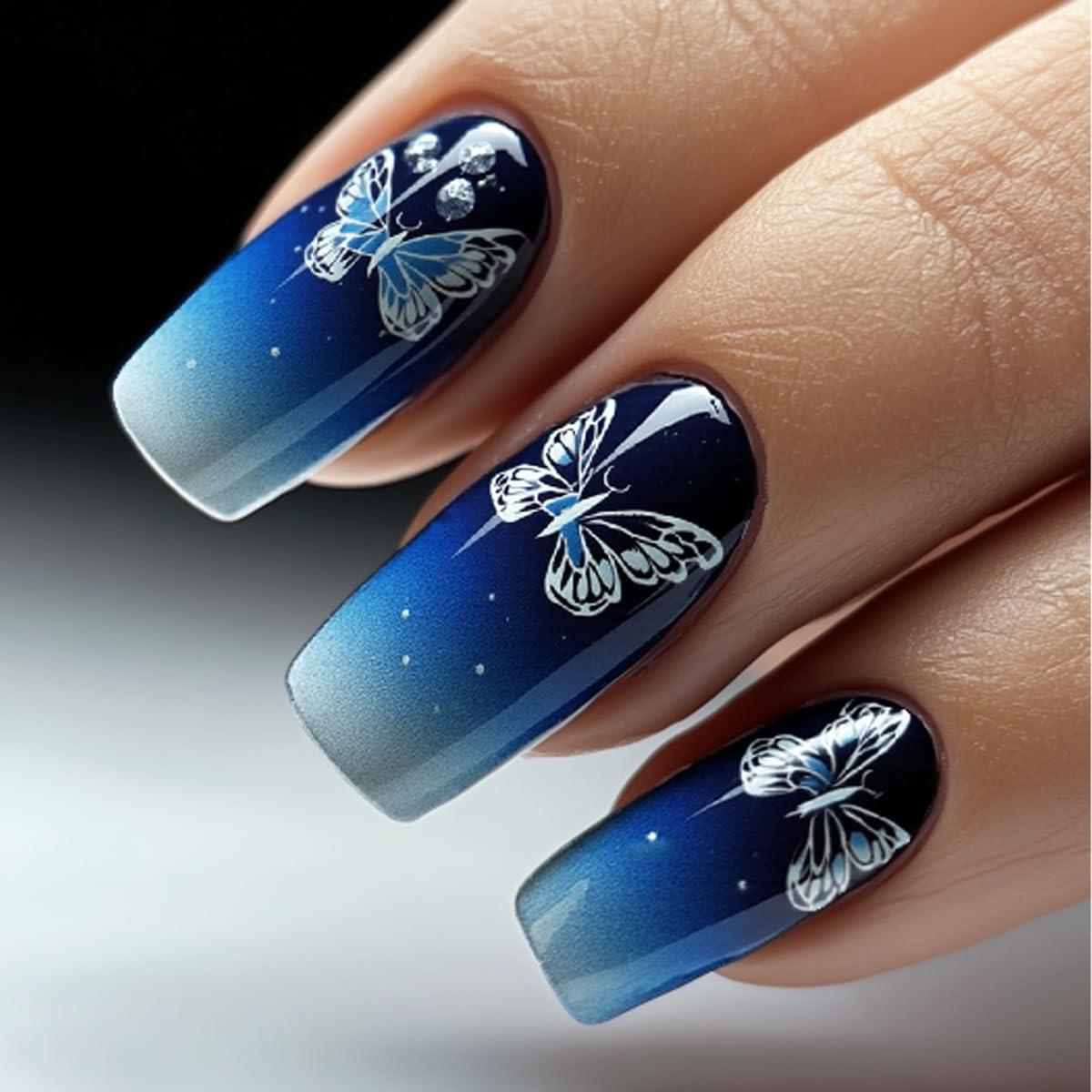 Uñas Postizas Gradiente Azul NGMATY 24Pcs con Mariposas