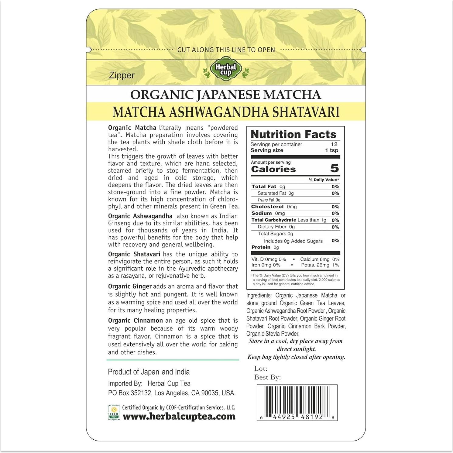 Té Herbal Cup Orgánico Matcha Japonés 56.7g Ashwagandha Shatavari