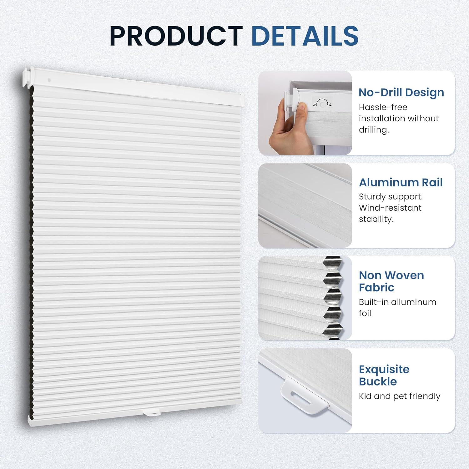 Grandekor No Drill No Tools Cordless Cellular Shades,Blackout,Honeycomb Blinds for Indoor Windows,UV Protection Privacy No Drill Blinds for Home,Door,Customer Customization