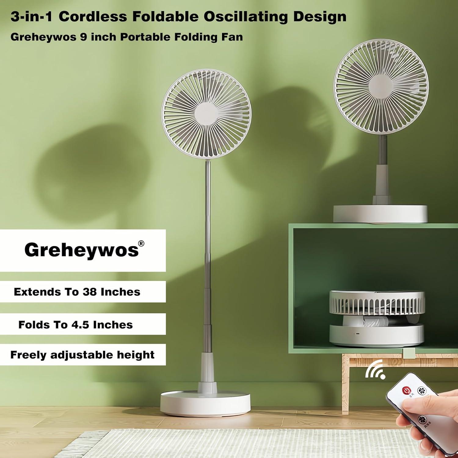 Ventilador Oscilante Plegable Recargable Greheywos 9" Blanco