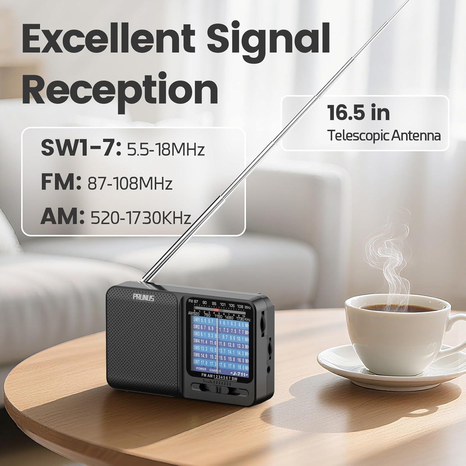 Radio Portátil PRUNUS J-711 AM/FM/SW, Carga USB-C, Sonido Claro