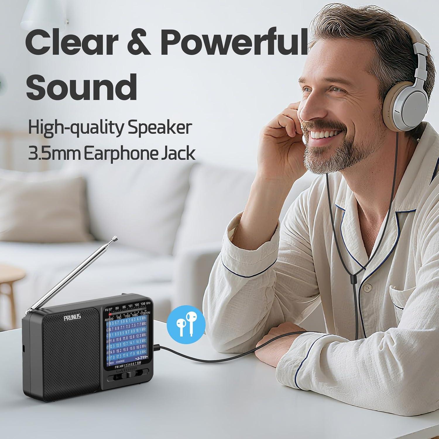 Radio Portátil PRUNUS J-711 AM/FM/SW, Carga USB-C, Sonido Claro
