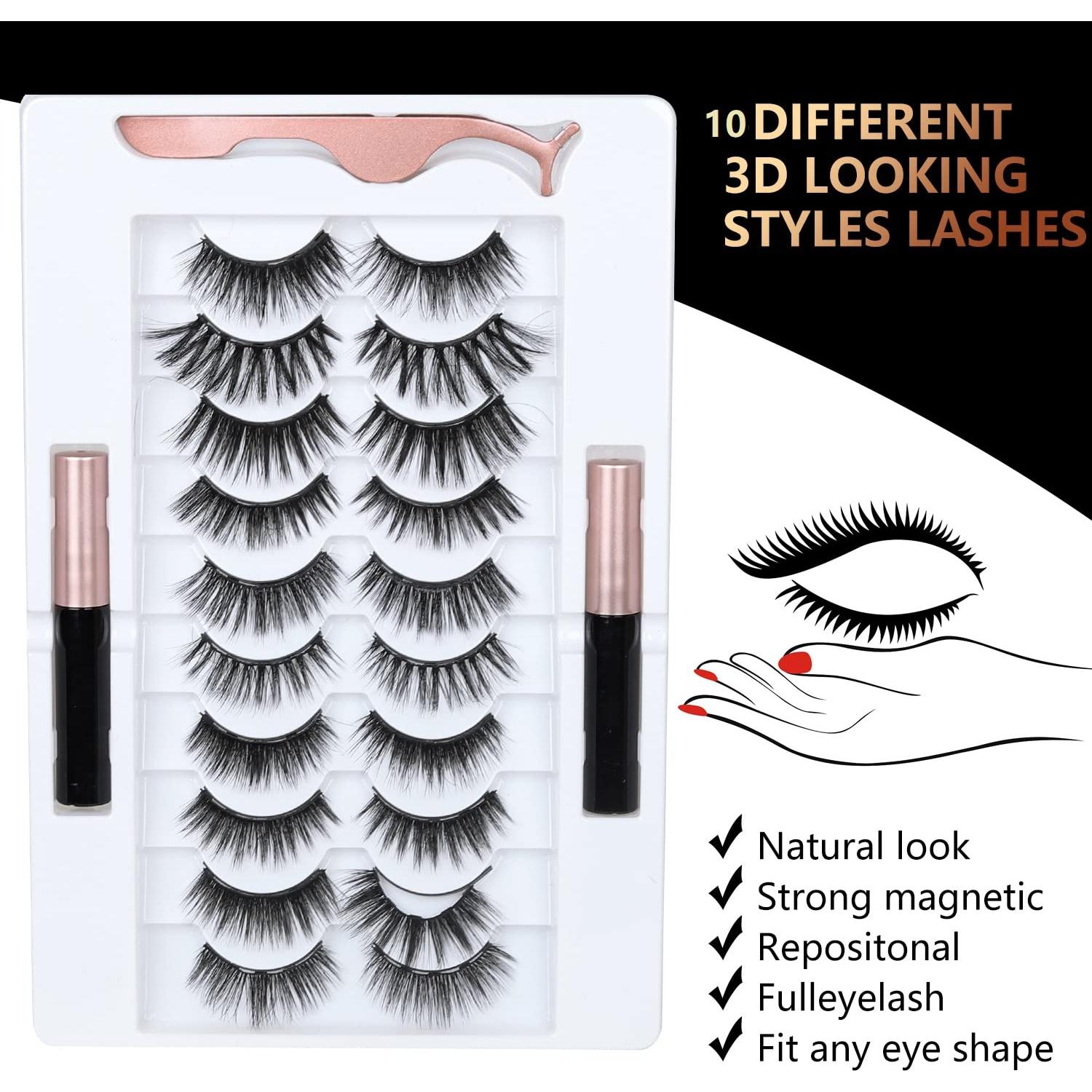Kit de Pestañas Magnéticas 3D BILEYCHA - 10 Pares con Delineador
