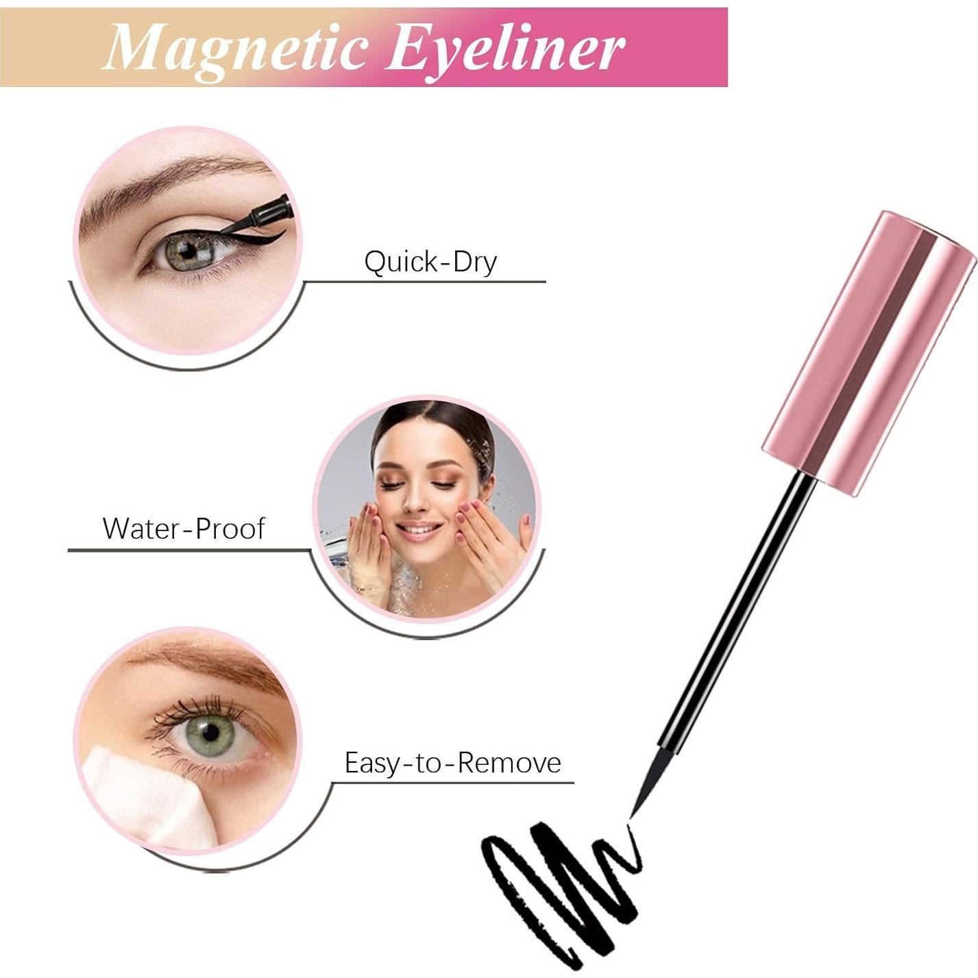 Kit de Pestañas Magnéticas Naturales 3D con Delineador - 3 Pares