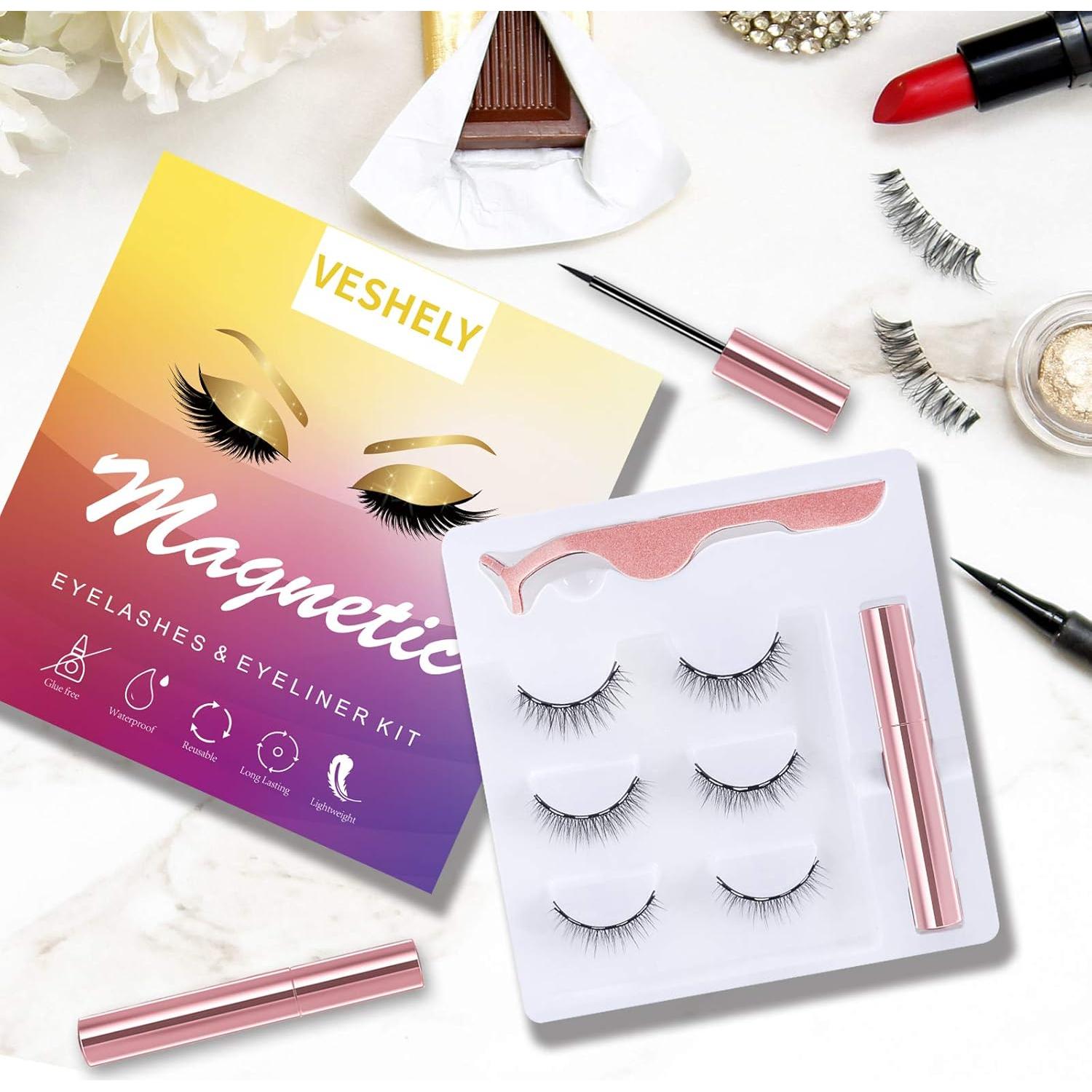 Kit de Pestañas Magnéticas Naturales 3D con Delineador - 3 Pares