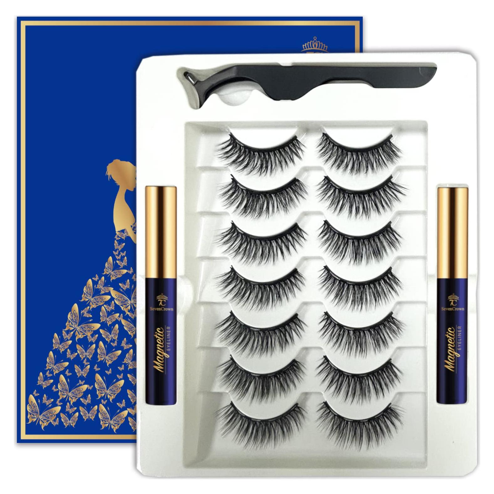 Kit de Pestañas Magnéticas 3D 7 Pares con Delineador 7C SevenCrown