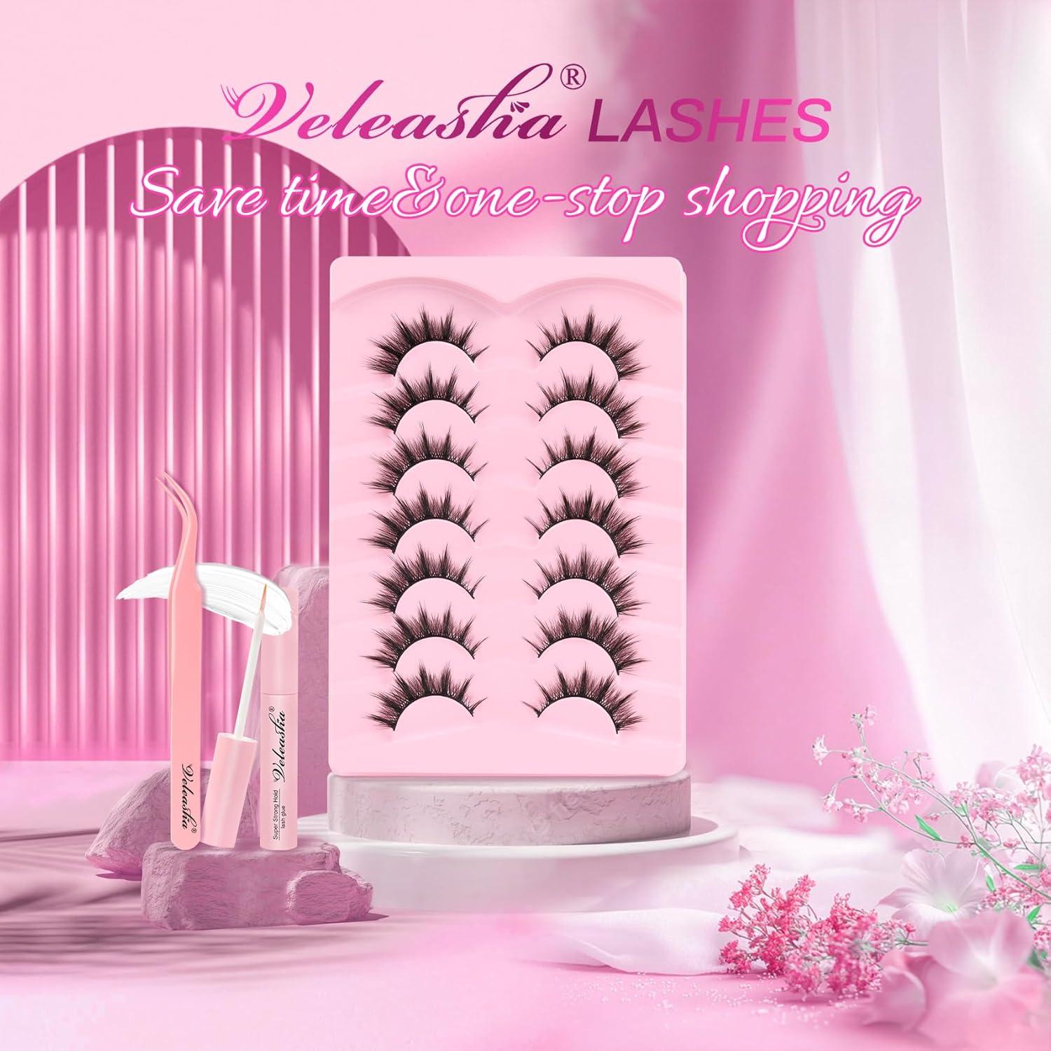 Kit de Pestañas Veleasha 7 Pares Ojos de Gato C Curl con Pegamento