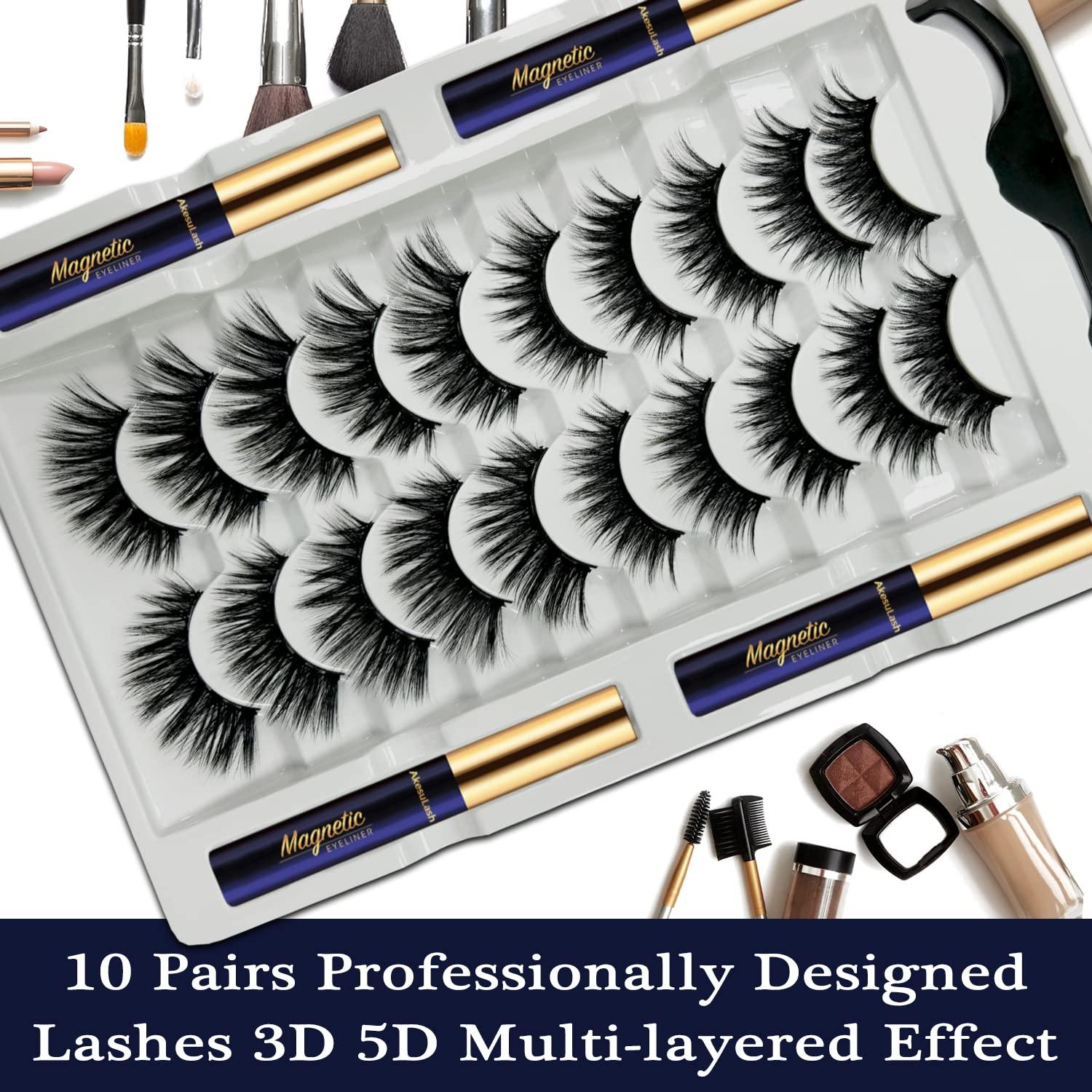 Kit de Pestañas Magnéticas AkesuLash - 10 Pares 3D con Delineador