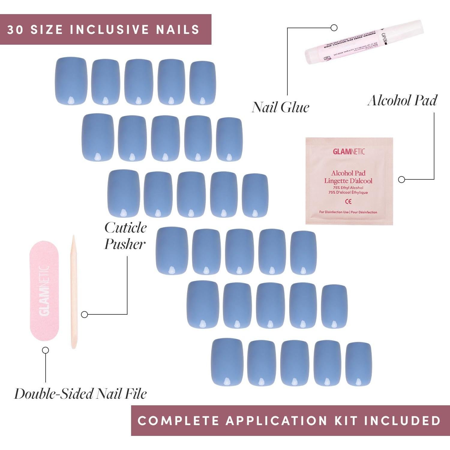Uñas Postizas Glamnetic Azul Cachemira Cortas Squoval 30 Piezas