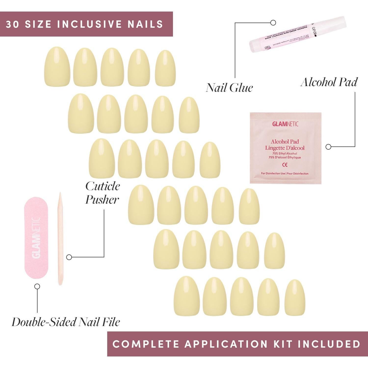 Uñas Postizas Glamnetic Amarillo Pastel Cortas Ovaladas 30 Pzas