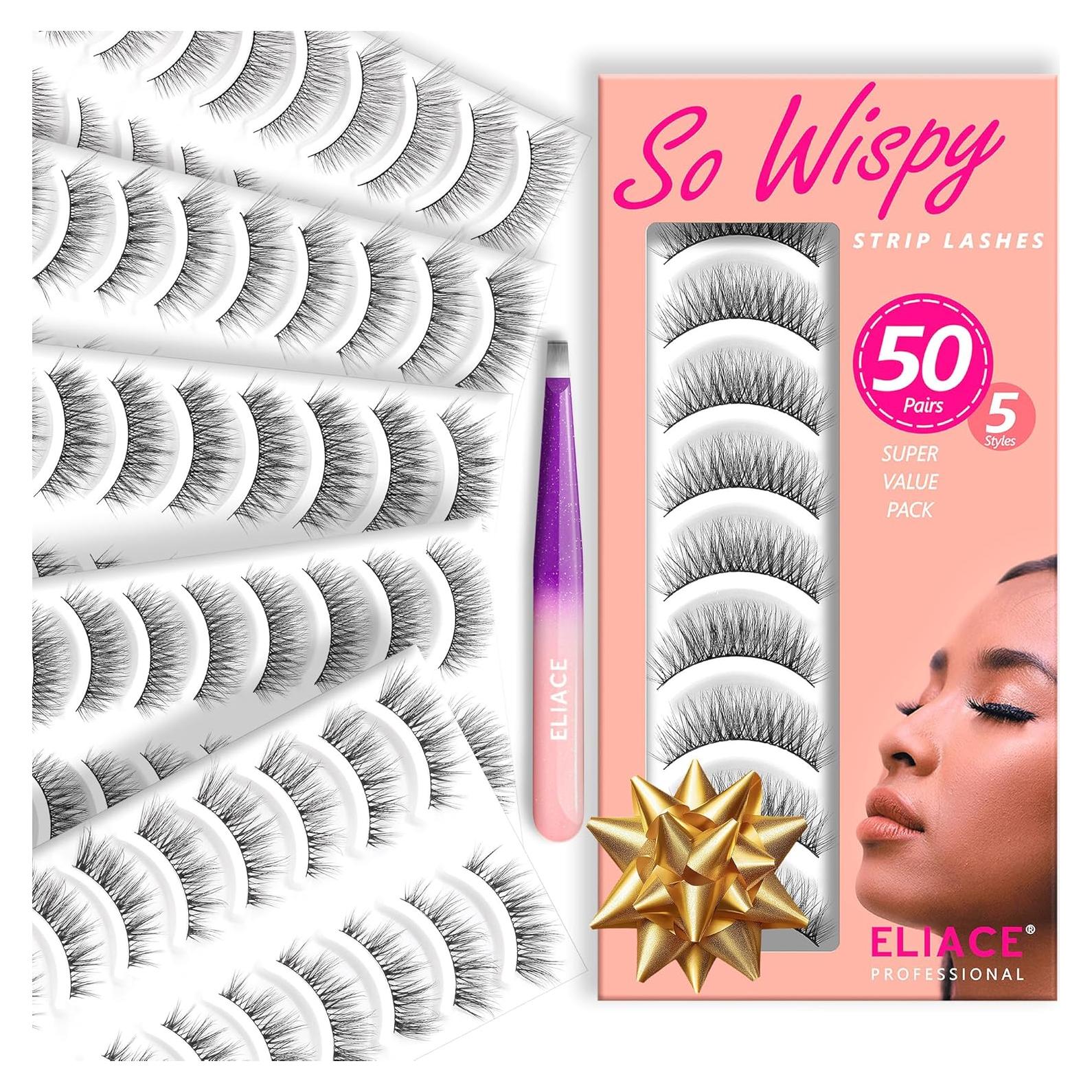 Eliace 50 Pares Pestañas Postizas Wispy Naturales Ligeras