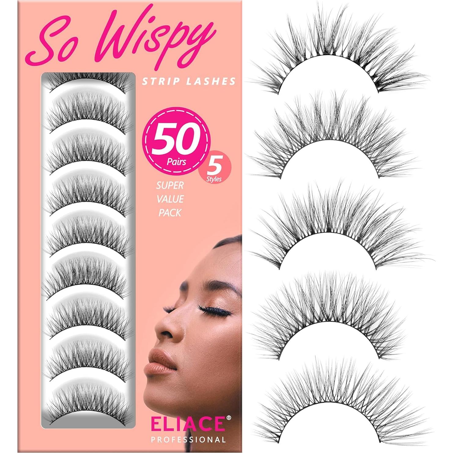 Eliace 50 Pares Pestañas Postizas Wispy Naturales Ligeras