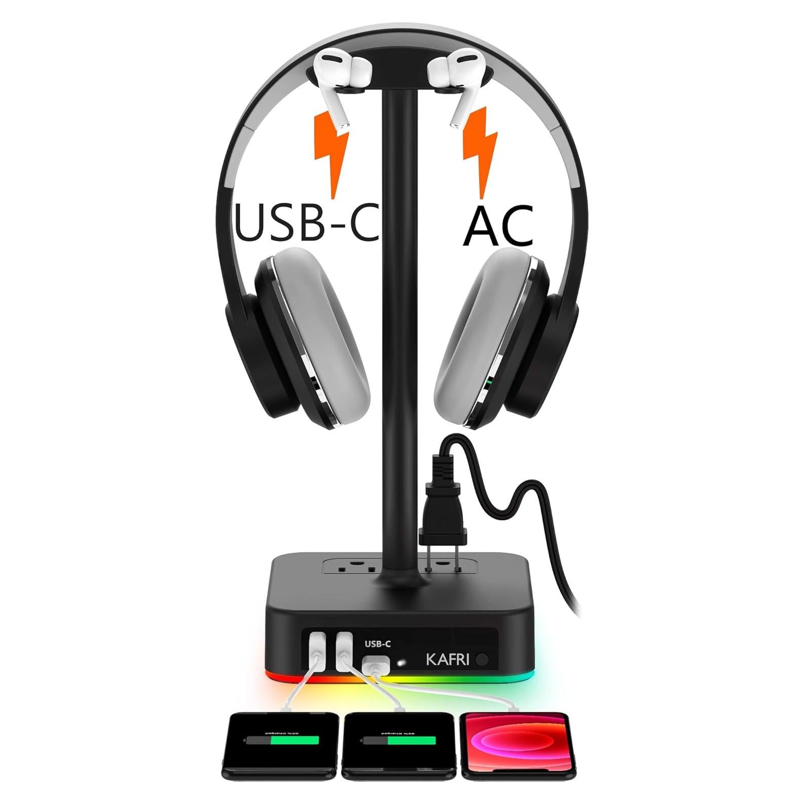 Soporte para Auriculares RGB KAFRI con Cargador USB 3 Puertos