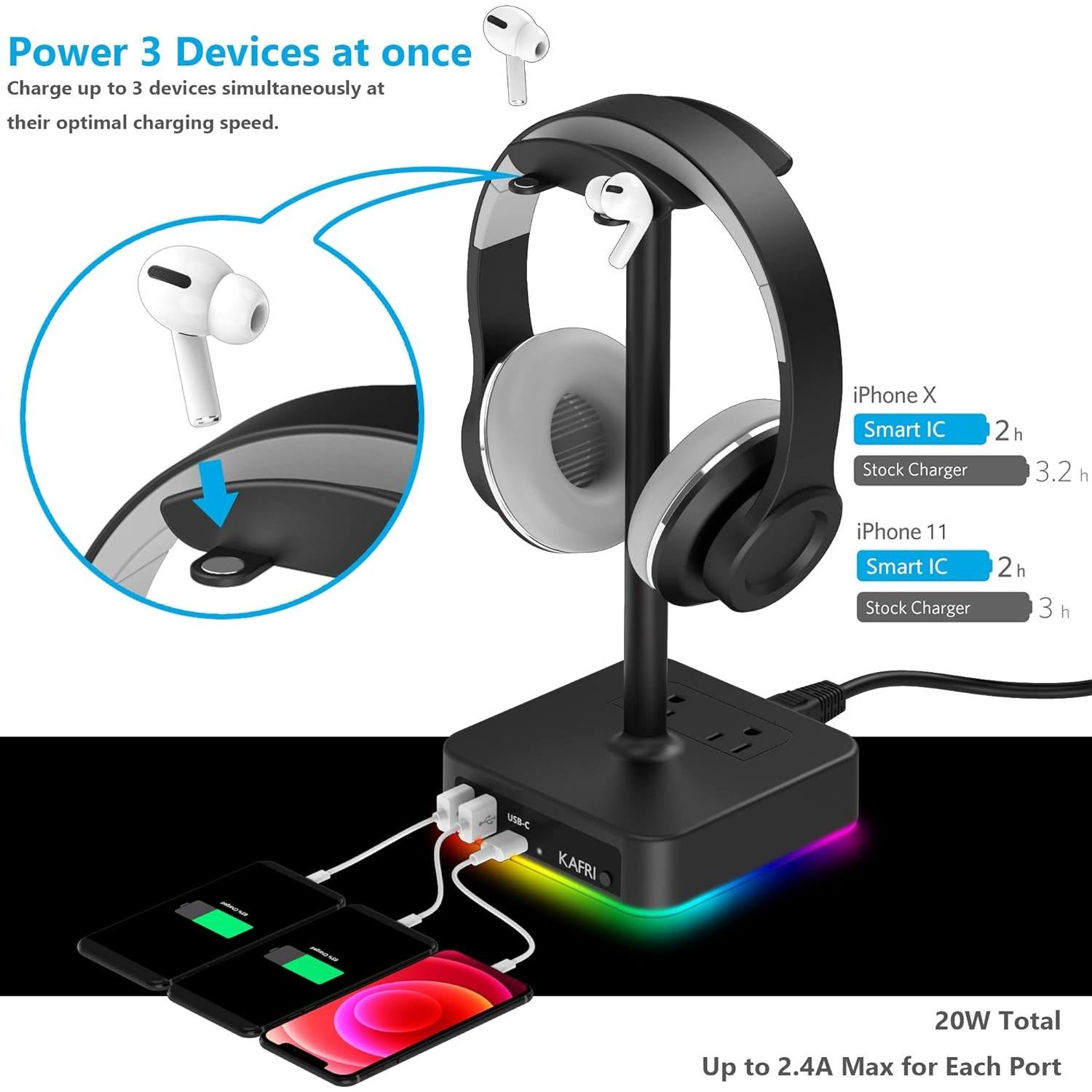 Soporte para Auriculares RGB KAFRI con Cargador USB 3 Puertos