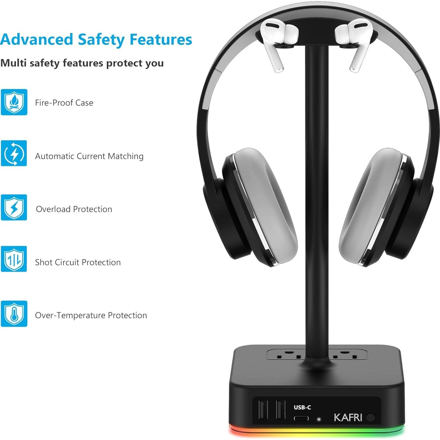 Soporte para Auriculares RGB KAFRI con Cargador USB 3 Puertos