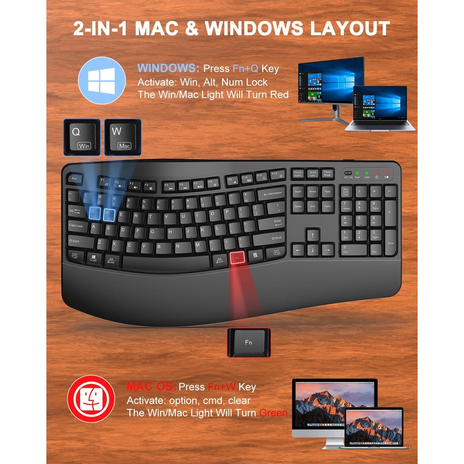 Teclado Inalámbrico Ergonómico QUASIO con Reposamuñecas Negro