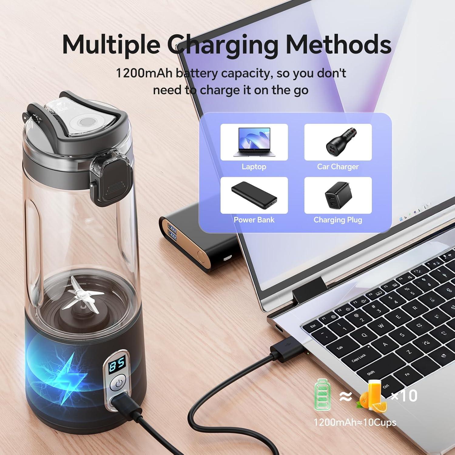 Licuadora Mini Portátil HEAMANTOL 450ml Carga USB Negra