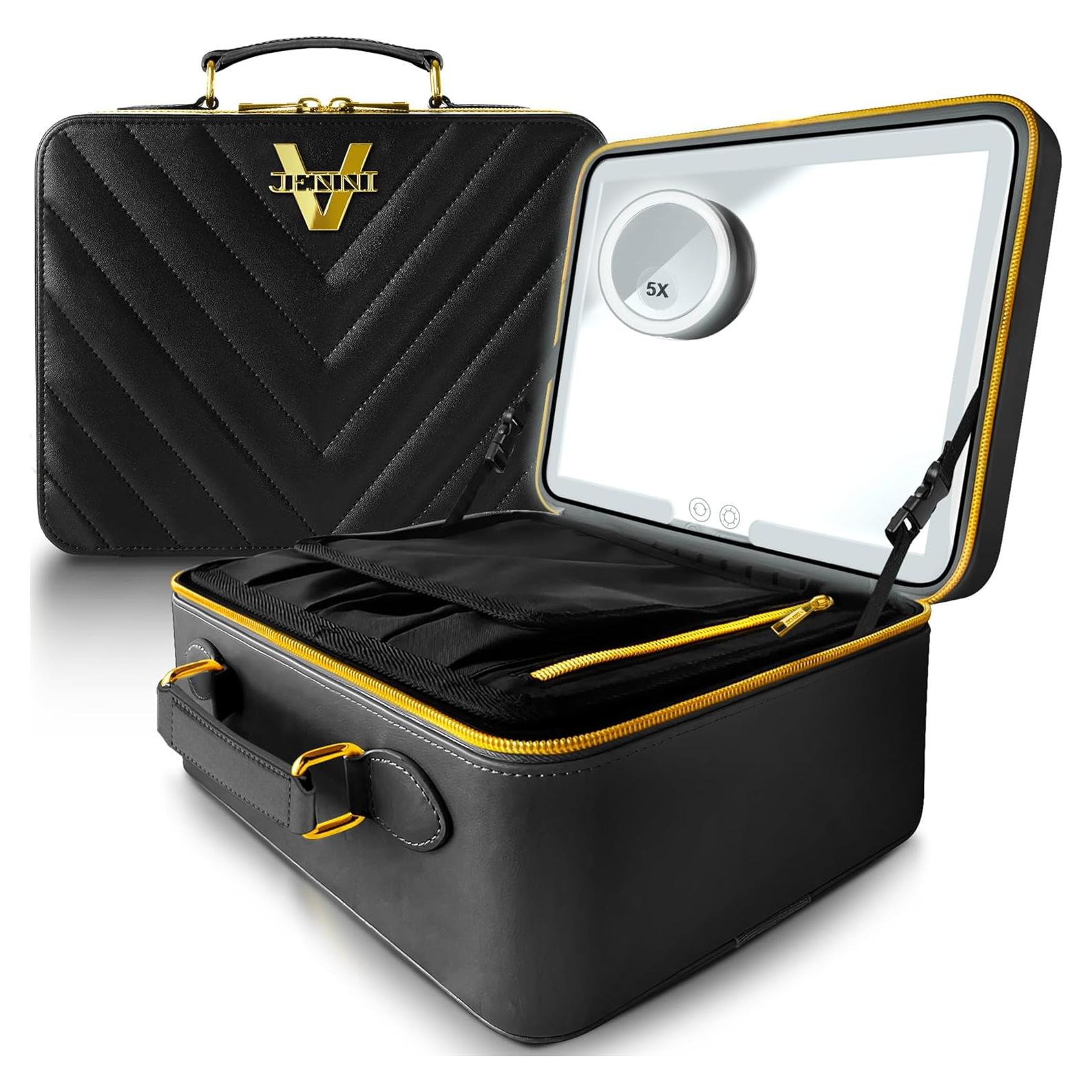 Bolsa de Maquillaje JENNI V Negra con Espejo LED y Divisores