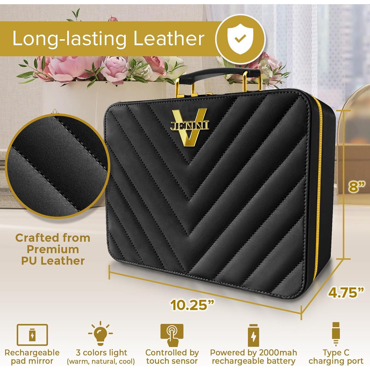 Bolsa de Maquillaje JENNI V Negra con Espejo LED y Divisores