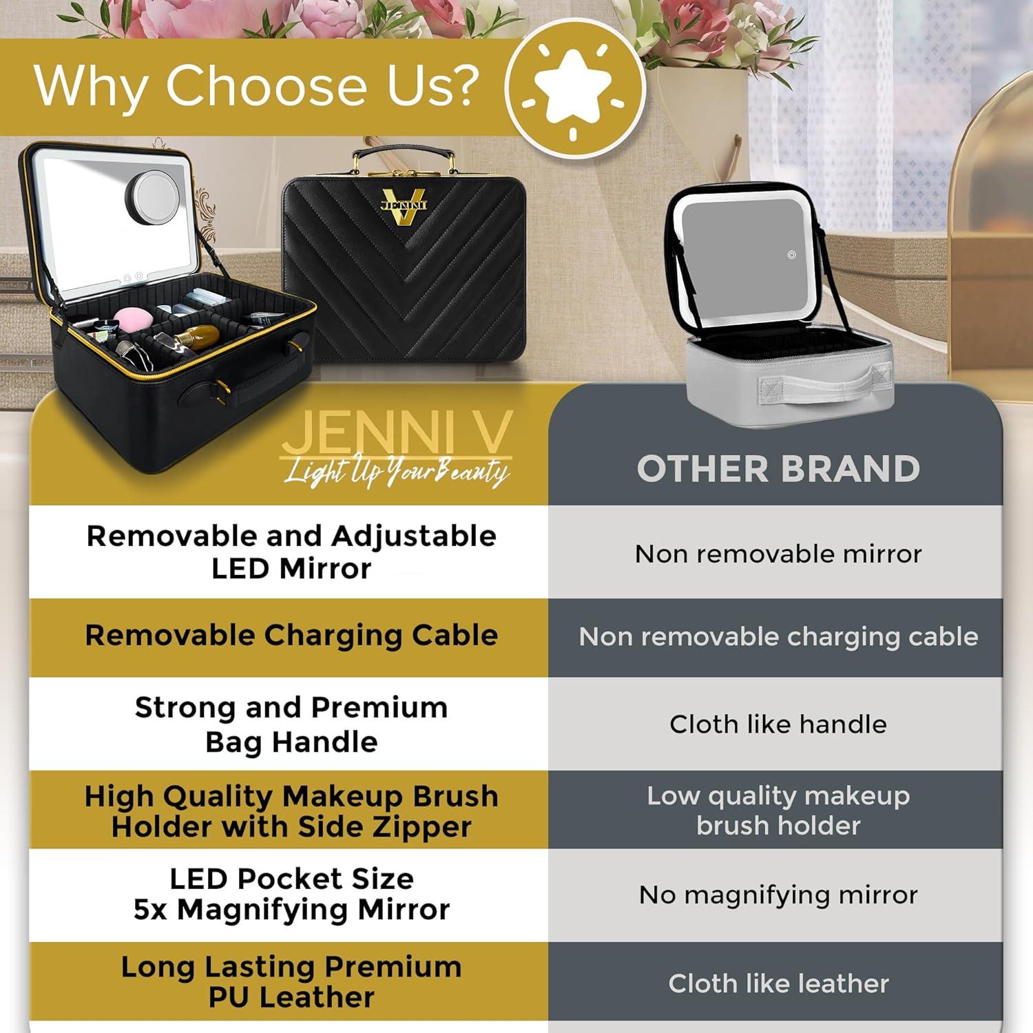 Bolsa de Maquillaje JENNI V Negra con Espejo LED y Divisores