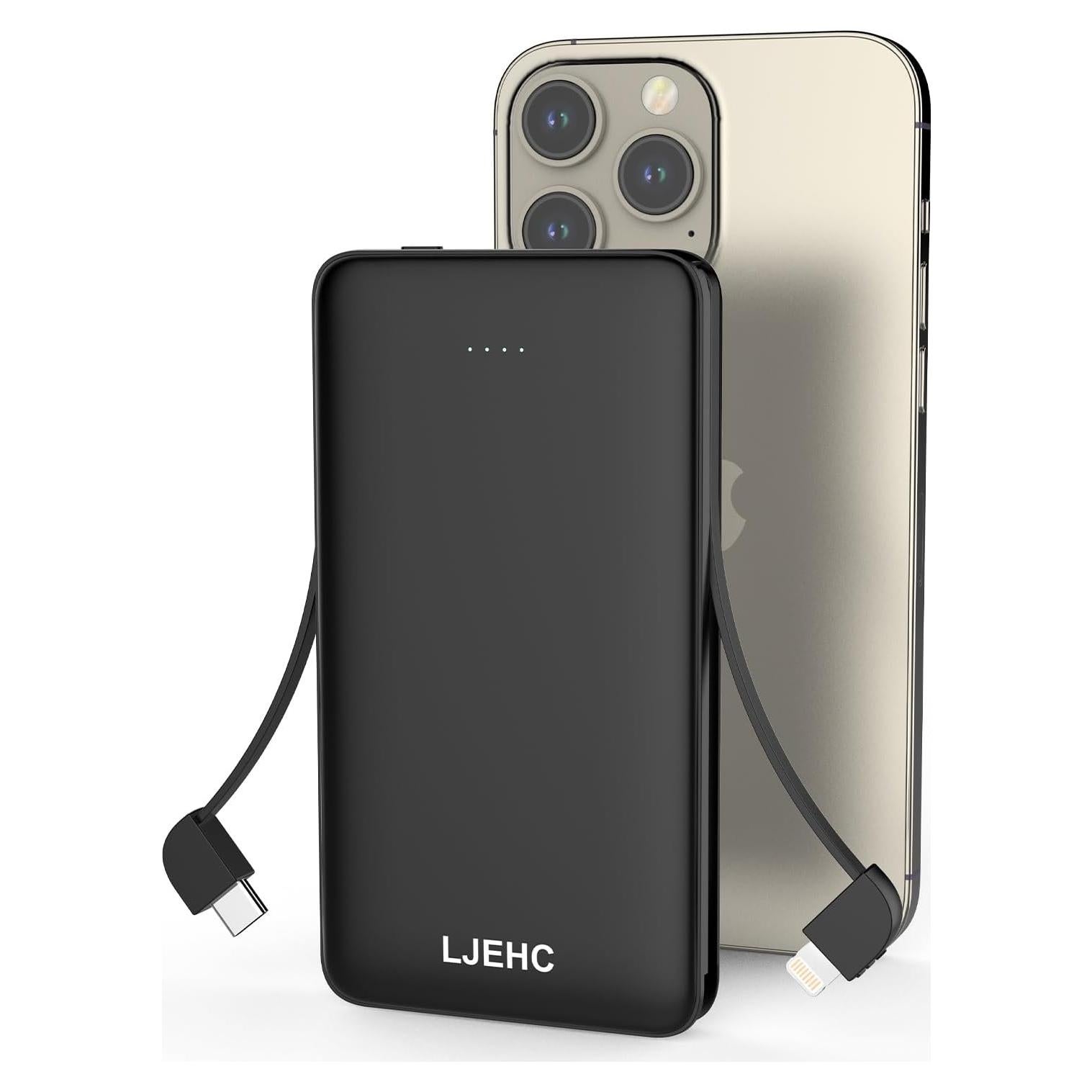 Batería Externa 10000mAh LJEHC con Cables Incorporados, Negro