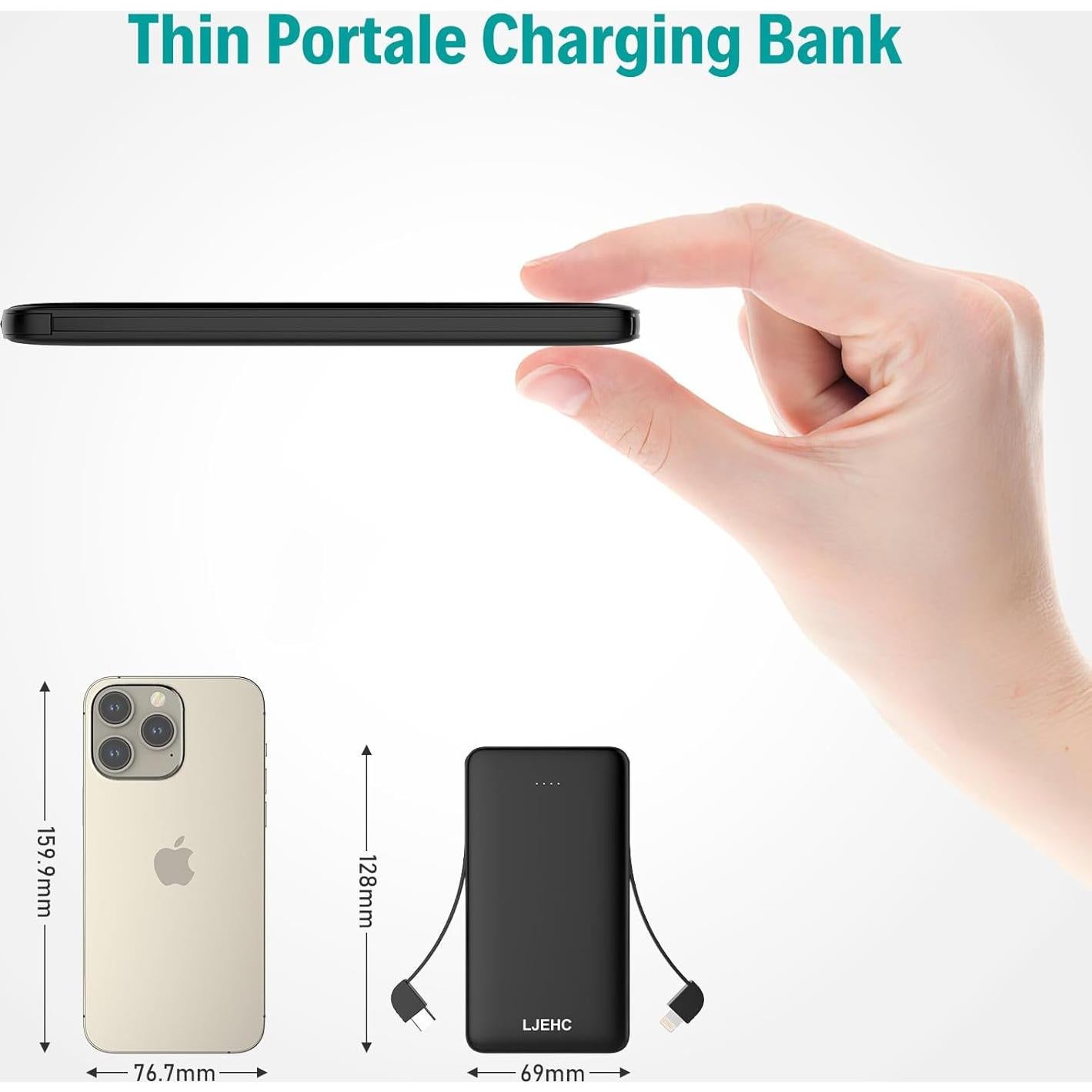 Batería Externa 10000mAh LJEHC con Cables Incorporados, Negro