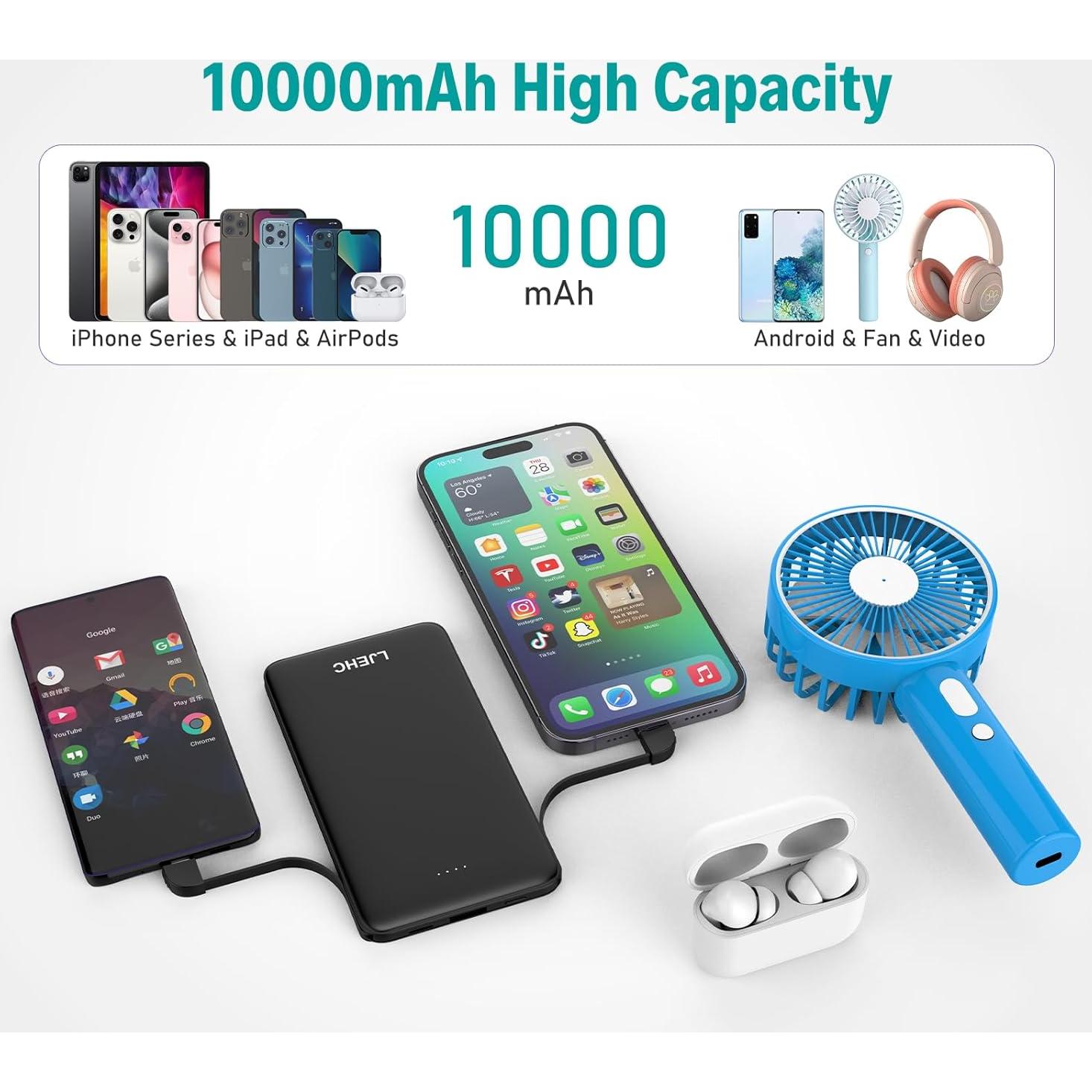 Batería Externa 10000mAh LJEHC con Cables Incorporados, Negro