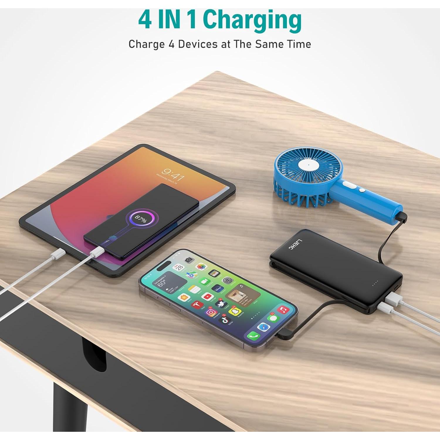 Batería Externa 10000mAh LJEHC con Cables Incorporados, Negro