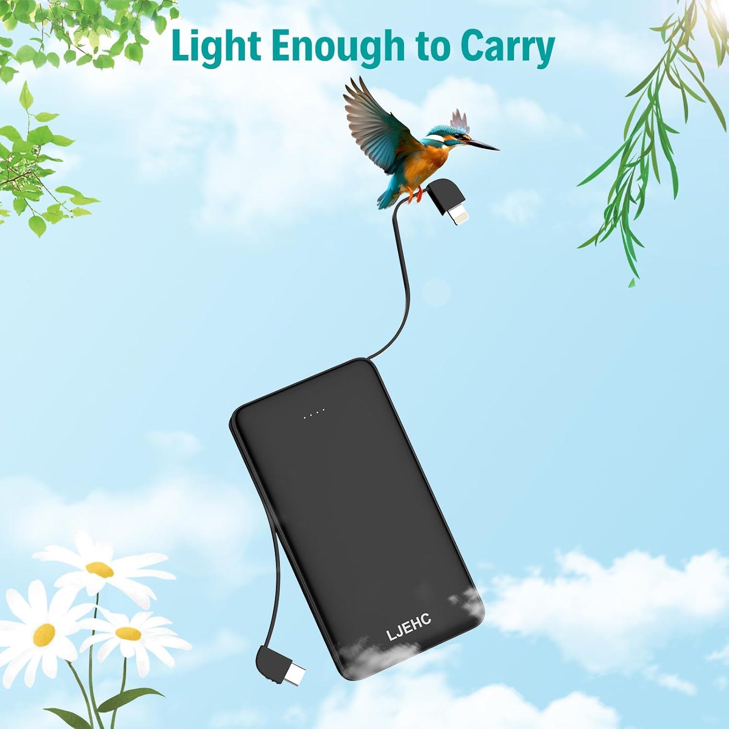 Batería Externa 10000mAh LJEHC con Cables Incorporados, Negro