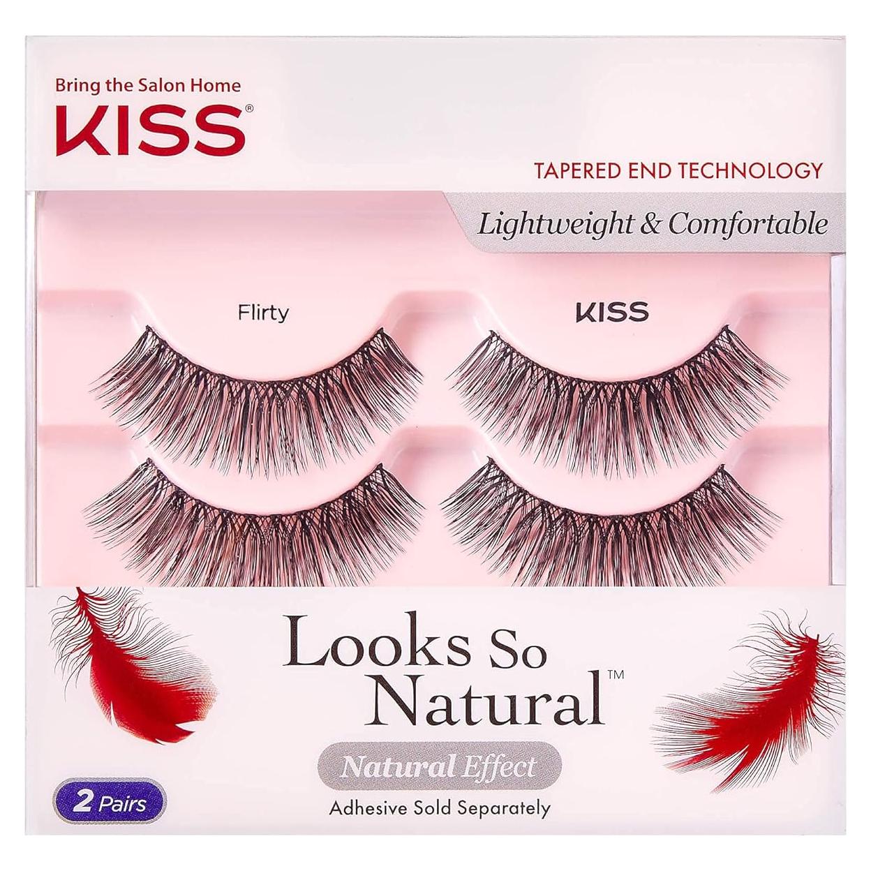 KISS Looks So Natural False Eyelashes Double Pack, Lightweight & Comfortable, Tapered End Technology, Reusable, Cruelty-Free, Contact Lens Friendly, Style 'Flirty', 2 Pairs Fake Eyelashes