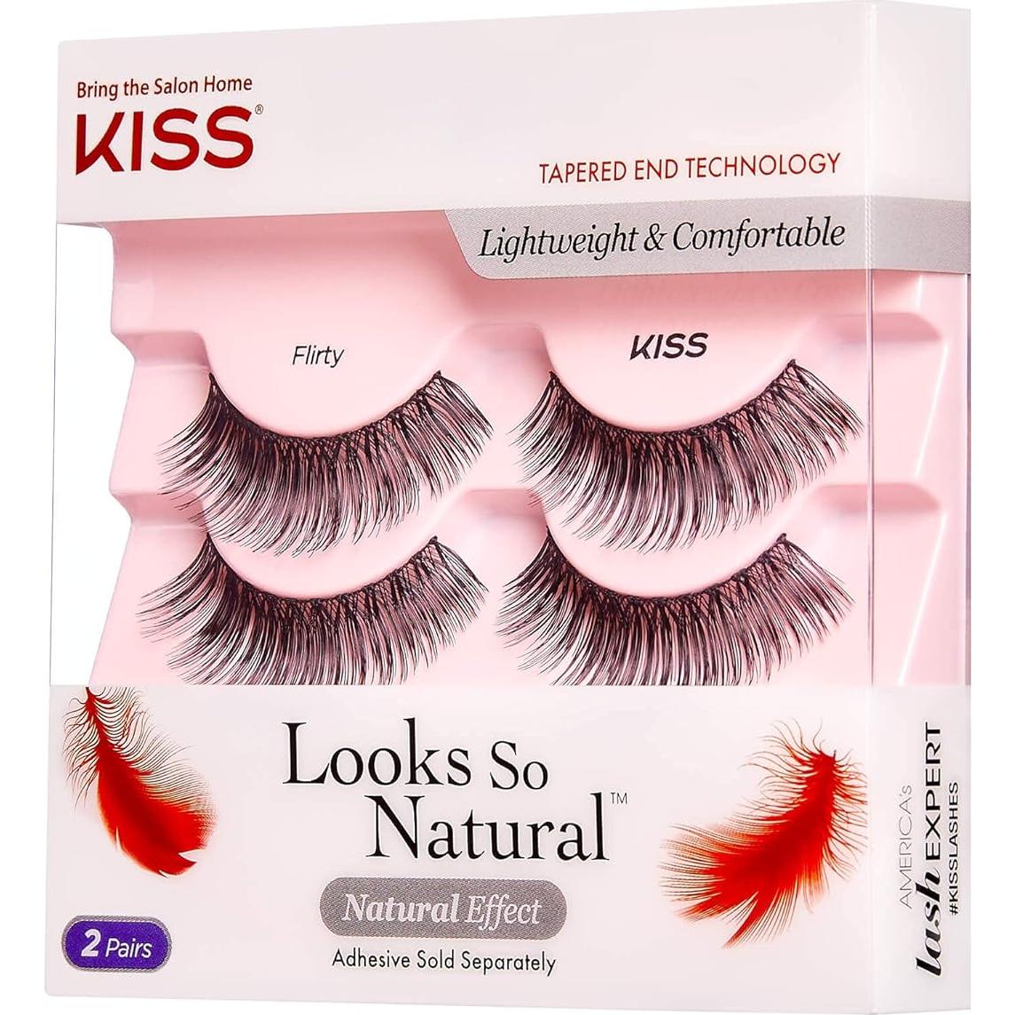 KISS Looks So Natural False Eyelashes Double Pack, Lightweight & Comfortable, Tapered End Technology, Reusable, Cruelty-Free, Contact Lens Friendly, Style 'Flirty', 2 Pairs Fake Eyelashes