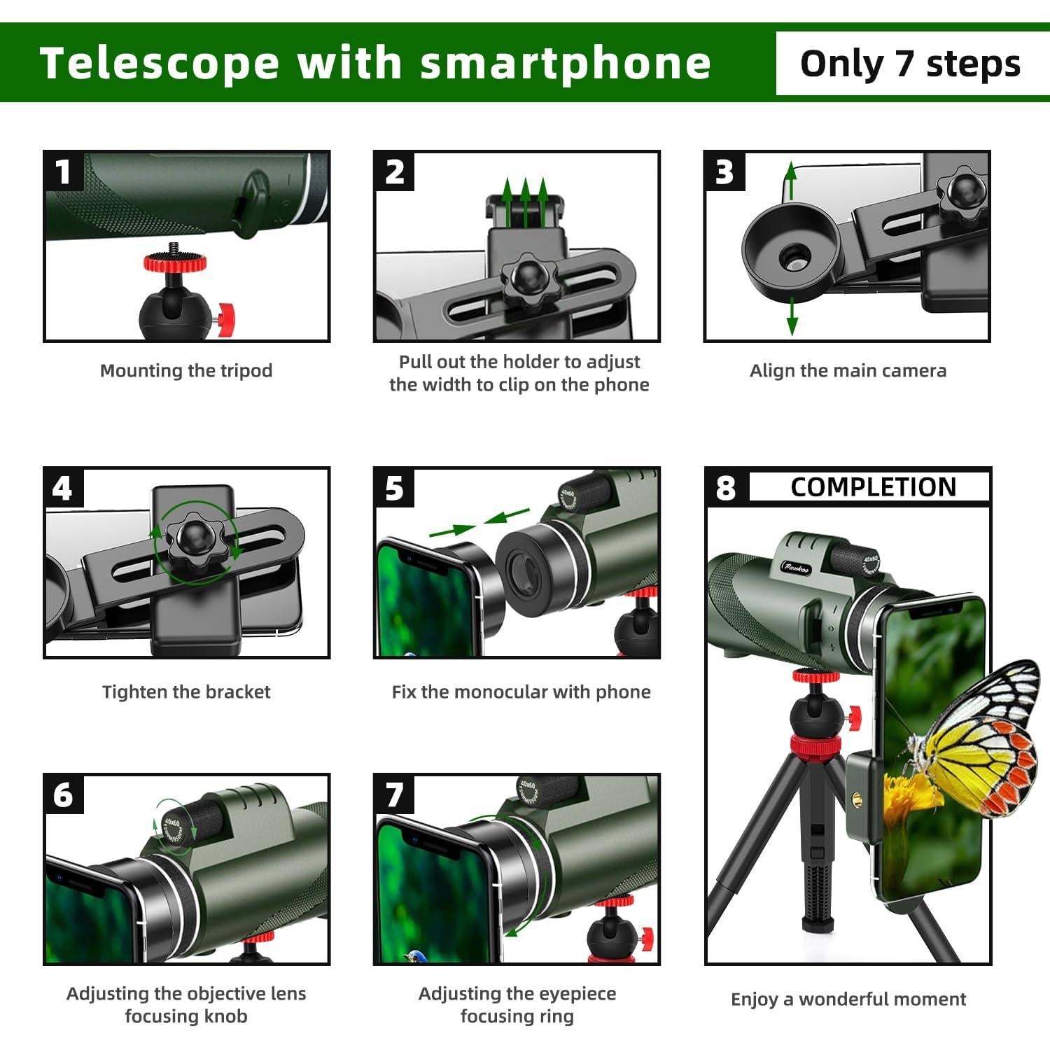Monocular Pankoo 40X60 Alta Potencia con Adaptador y Trípode