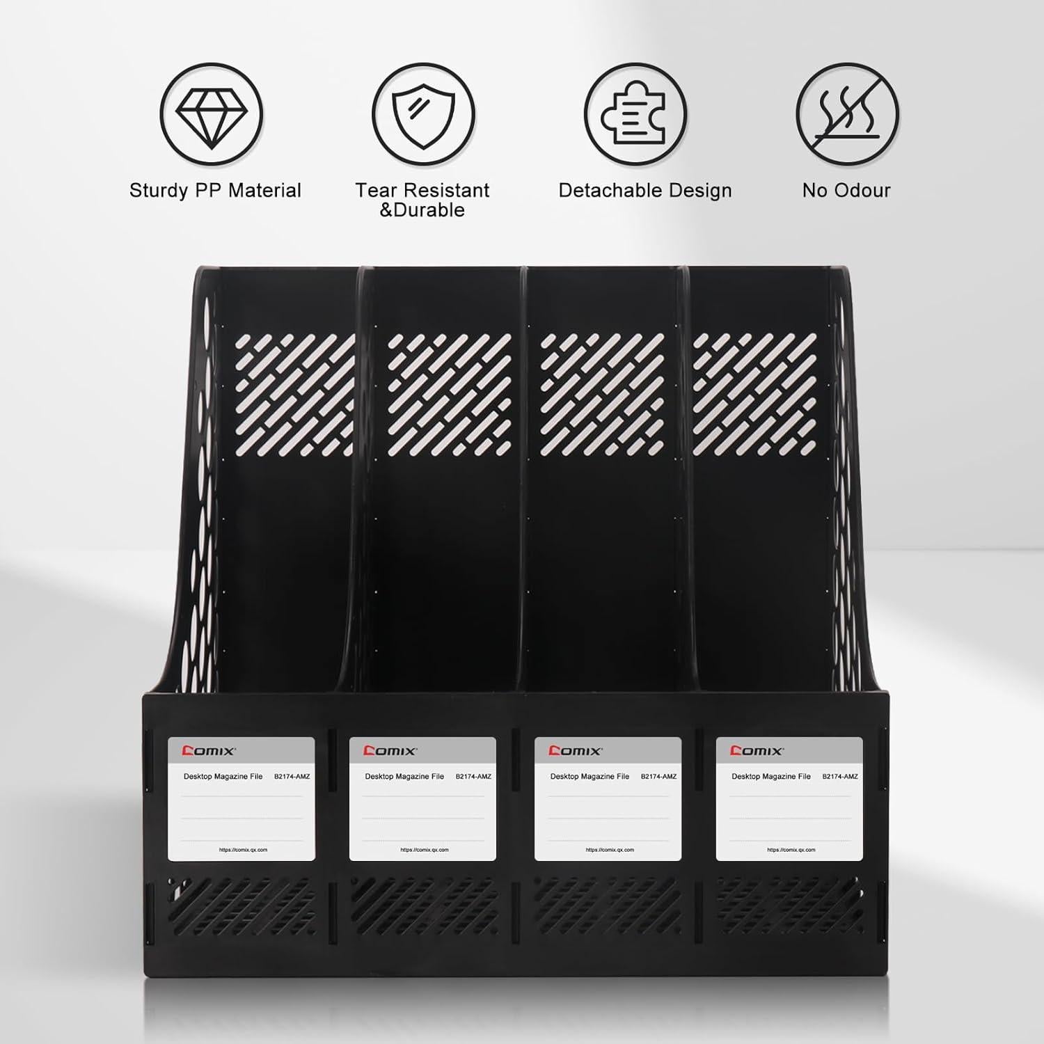 Soporte para Archivos de Revistas Comix - Organizador de Escritorio 4 Compartimentos Negro