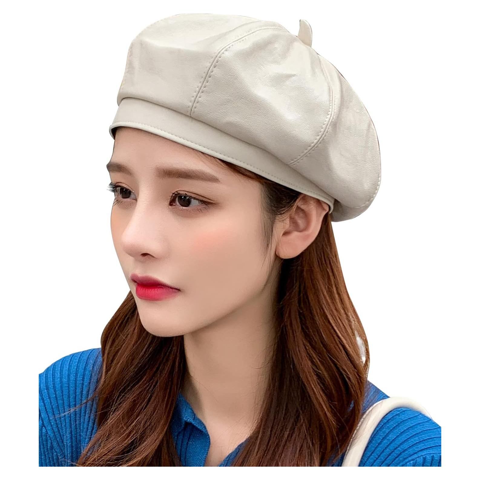 Gorro Beret de Cuero PU para Mujeres Talla Única Beige