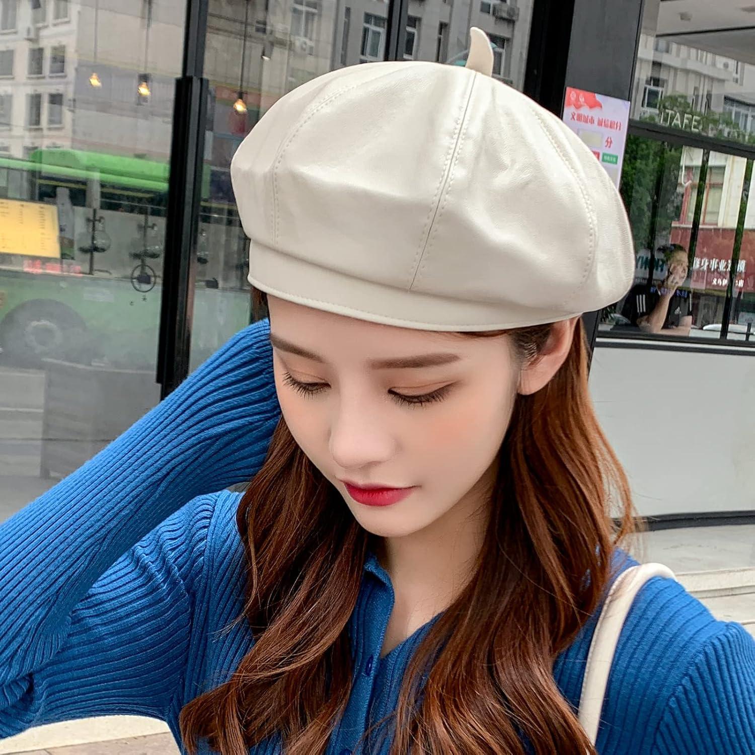 Gorro Beret de Cuero PU para Mujeres Talla Única Beige