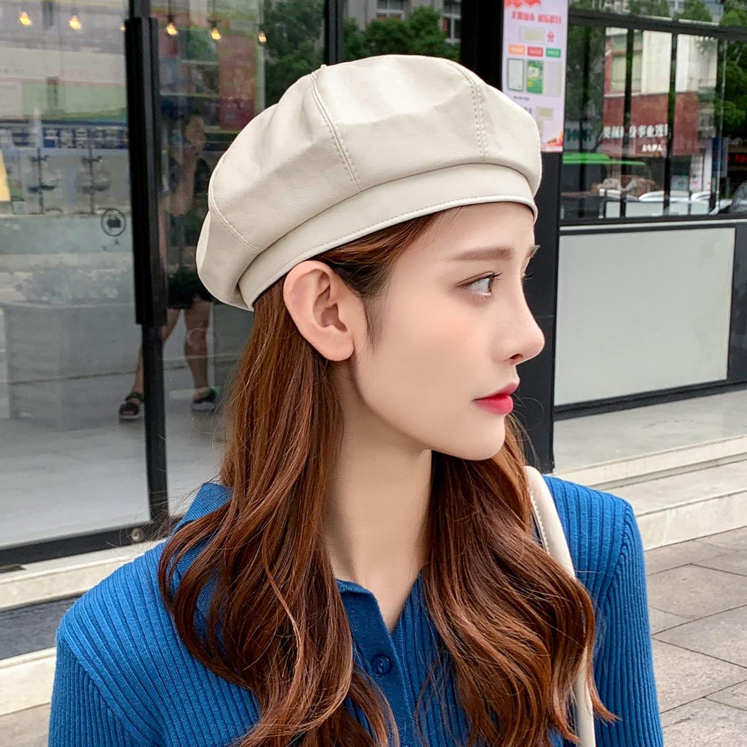 Gorro Beret de Cuero PU para Mujeres Talla Única Beige