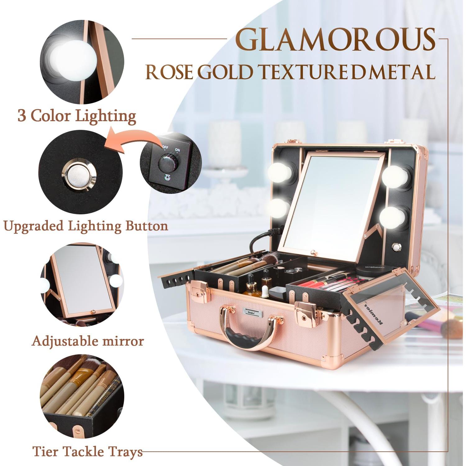 Estuche de Maquillaje Kemier Oro Rosa con Espejo y Luces LED
