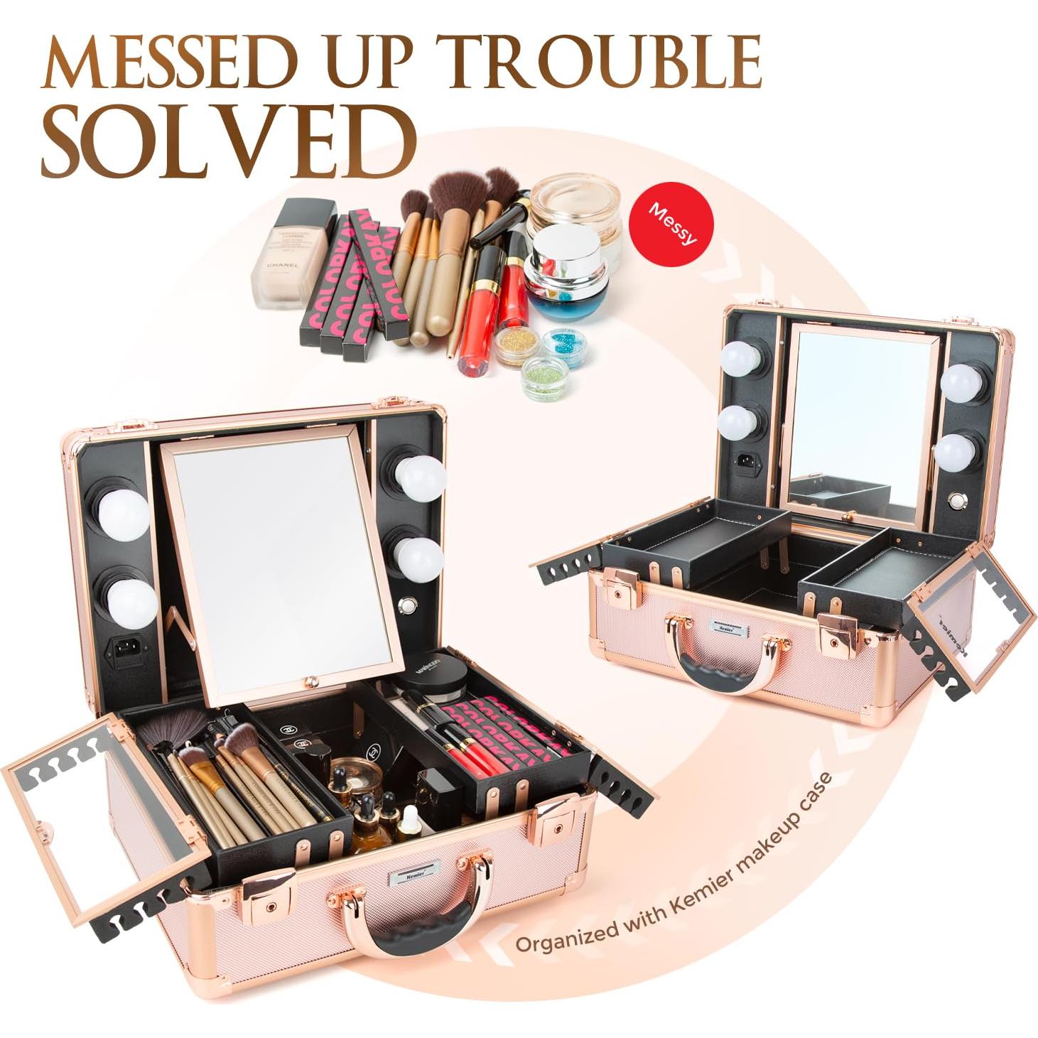 Estuche de Maquillaje Kemier Oro Rosa con Espejo y Luces LED