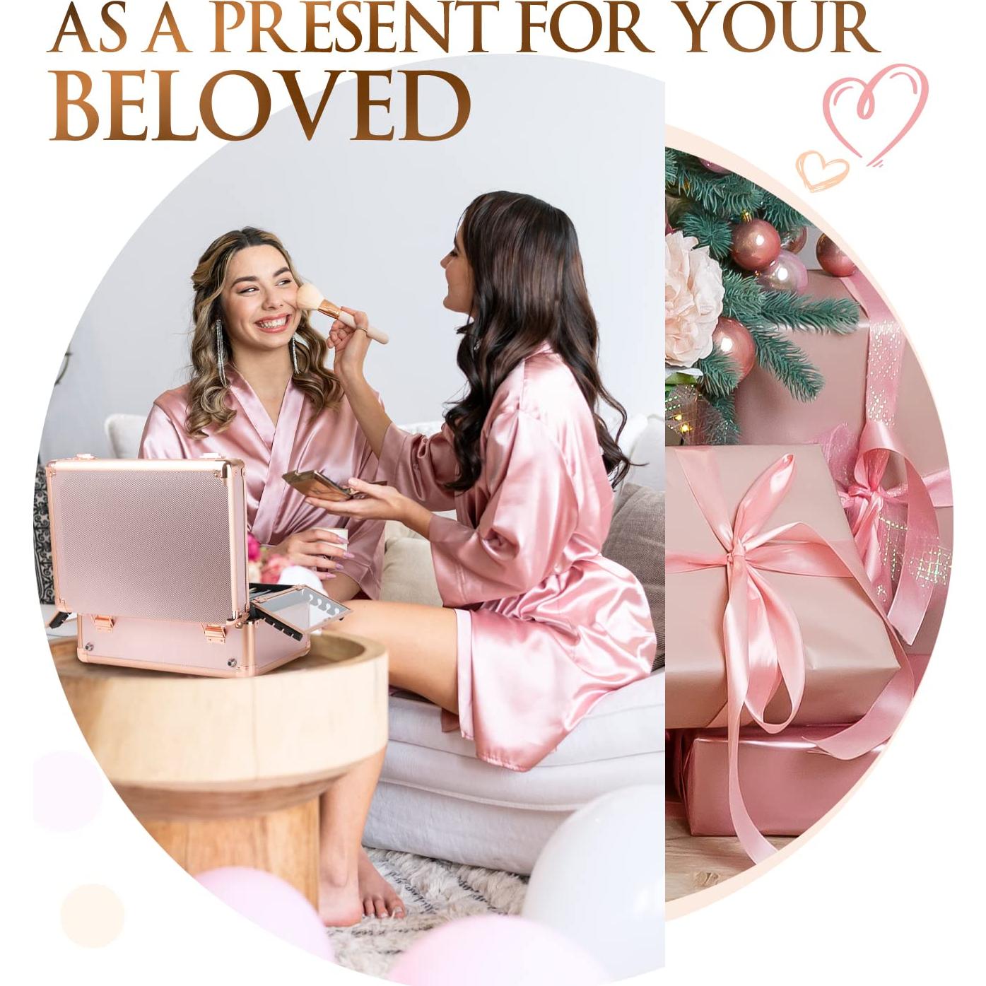 Estuche de Maquillaje Kemier Oro Rosa con Espejo y Luces LED