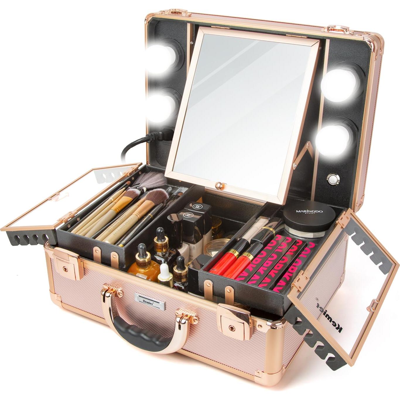 Estuche de Maquillaje Kemier Oro Rosa con Espejo y Luces LED